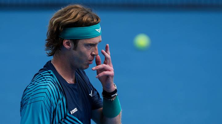 Andrey Rublev reacts after returning a shot during the Cincinnati Open at Lindner Family Tennis Center. Mandatory Credit: Aaron Doster-Imagn Images