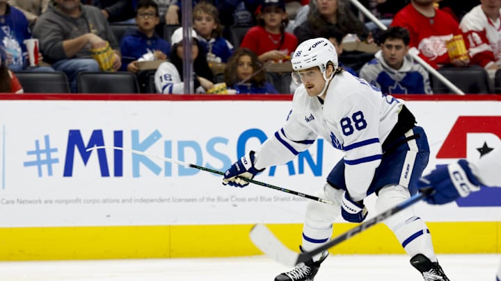 Dec 27, 2024; Detroit, Michigan, USA;  Toronto Maple Leafs right wing William Nylander (88) skates with the puck in the third period against the Detroit Red Wings at Little Caesars Arena. Mandatory Credit: Rick Osentoski-Imagn Images
