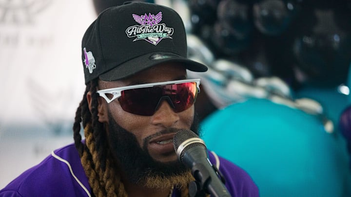 Aaron Jones speaks at a press conference before their third annual A&A All the Way Softball Charity Game at the Southwest University Park in El Paso, TX, on Thursday, June 27, 2024.