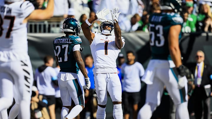 Oct 27, 2024; Cincinnati, Ohio, USA; Cincinnati Bengals wide receiver Ja'Marr Chase (1) reacts after scoring a touchdown against the Philadelphia Eagles in the first half at Paycor Stadium. Mandatory Credit: Katie Stratman-Imagn Images Oct 27, 2024; Cincinnati, Ohio, USA; Cincinnati Bengals wide receiver Ja'Marr Chase (1) reacts after scoring a touchdown against the Philadelphia Eagles in the first half at Paycor Stadium. Mandatory Credit: Katie Stratman-Imagn Images