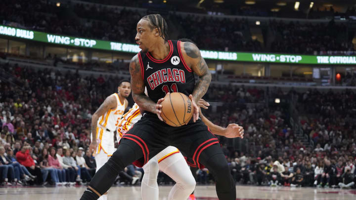 Apr 17, 2024; Chicago, Illinois, USA; Chicago Bulls forward DeMar DeRozan (11) drives to the basket against the Atlanta Hawks during the first quarter during a play-in game of the 2024 NBA playoffs at United Center. Mandatory Credit: David Banks-USA TODAY Sports