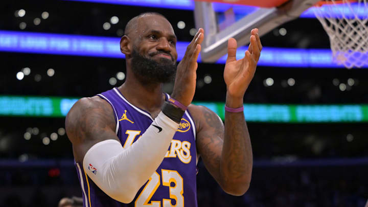 Dec 10, 2025; Los Angeles, California, USA; Los Angeles Lakers forward Lebron James (23) reacts after a missed basket during the second half against the San Antonio Spurs at Crypto.com Arena. Mandatory Credit: Jayne Kamin-Oncea-Imagn Images