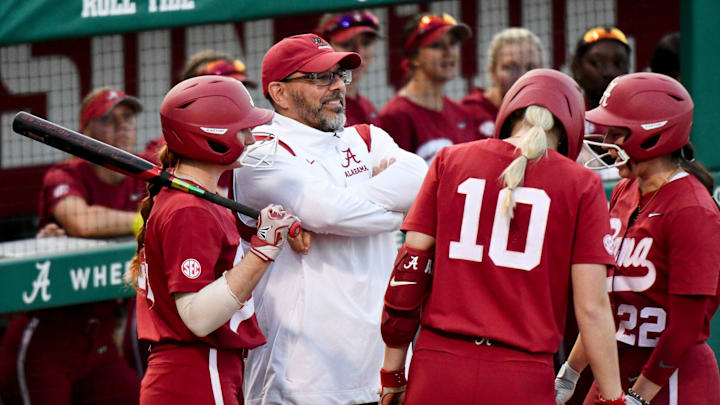 Mar 20, 2024; Tuscaloosa, Alabama, USA; Alabama head coach Patrick Murphy talks to his players during a timeout in the game with UAB at Rhoads Stadium Wednesday.