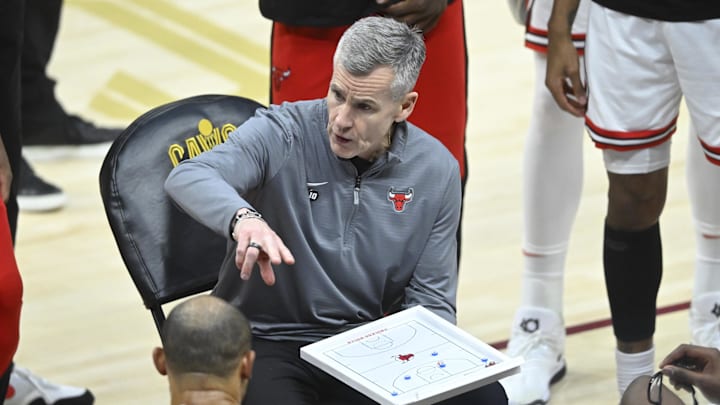 Apr 8, 2025; Cleveland, Ohio, USA; Chicago Bulls head coach Billy Donovan talks during a timeout in the third quarter against the Cleveland Cavaliers at Rocket Arena. Mandatory Credit: David Richard-Imagn Images