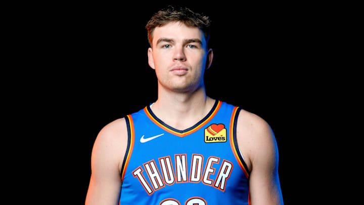 Alex Ducas is pictured during the Thunder media day at the Paycom Center in Oklahoma City, on Monday, Sept. 30, 2024.