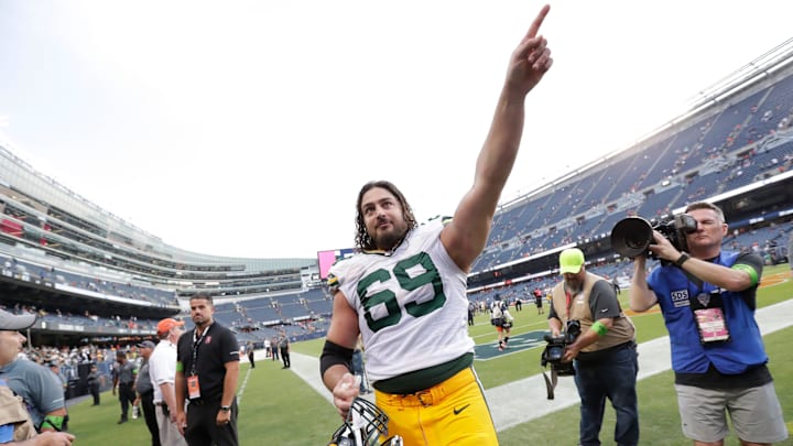 Green Bay Packers offensive tackle David Bakhtiari (69) celebrates a victory against the Chicago Bears during their football game Sunday, September 10, 2023, at Soldier Field in Chicago, Ill. Green Bay won 38-20. Green Bay Packers offensive tackle David Bakhtiari (69) celebrates a victory against the Chicago Bears during their football game Sunday, September 10, 2023, at Soldier Field in Chicago, Ill. Green Bay won 38-20.
