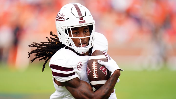 Oct 28, 2023; Auburn, Alabama, USA; Mississippi State Bulldogs wide receiver Lideatrick Griffin (5) carries the ball against the Auburn Tigers during the first quarter at Jordan-Hare Stadium. Mandatory Credit: John David Mercer-USA TODAY Sports Oct 28, 2023; Auburn, Alabama, USA; Mississippi State Bulldogs wide receiver Lideatrick Griffin (5) carries the ball against the Auburn Tigers during the first quarter at Jordan-Hare Stadium. Mandatory Credit: John David Mercer-USA TODAY Sports