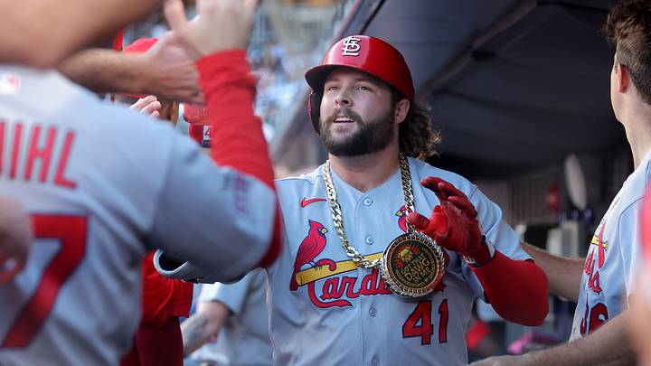 Aug 3, 2026; Bronx, New York, USA; St. Louis Cardinals first baseman Alec Burleson (41) celebrates his two run home run against the New York Yankees with teammates in the dugout during the first inning at Yankee Stadium. Mandatory Credit: Brad Penner-Imagn Images
