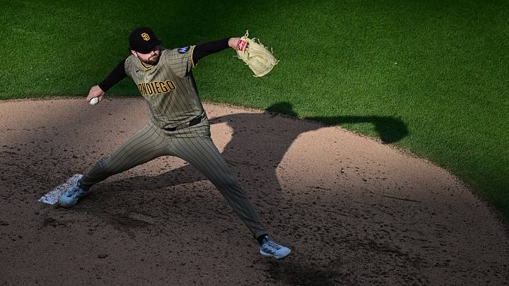 Aug 16, 2026; Cleveland, Ohio, USA; San Diego Padres pitcher Casey Mize (32) throws a pitch during the fourth inning against the Cleveland Guardians at Progressive Field. Mandatory Credit: David Dermer-Imagn Images