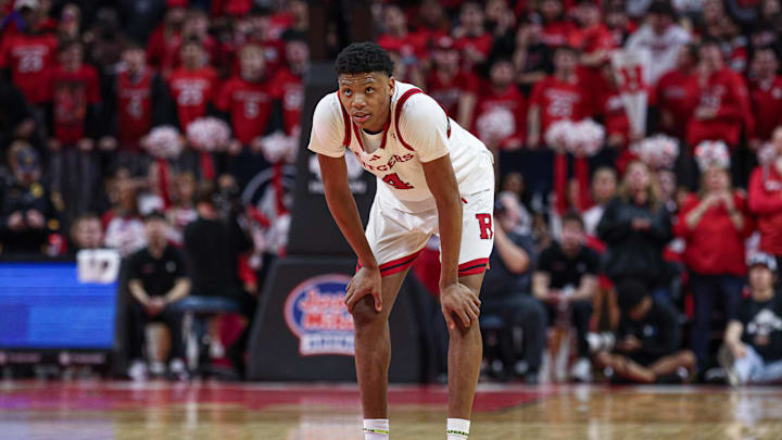 Mar 9, 2025; Piscataway, New Jersey, USA; Rutgers Scarlet Knights guard Ace Bailey (4) look up during overtime against the Minnesota Golden Gophers at Jersey Mike's Arena. Mandatory Credit: Vincent Carchietta-Imagn Images