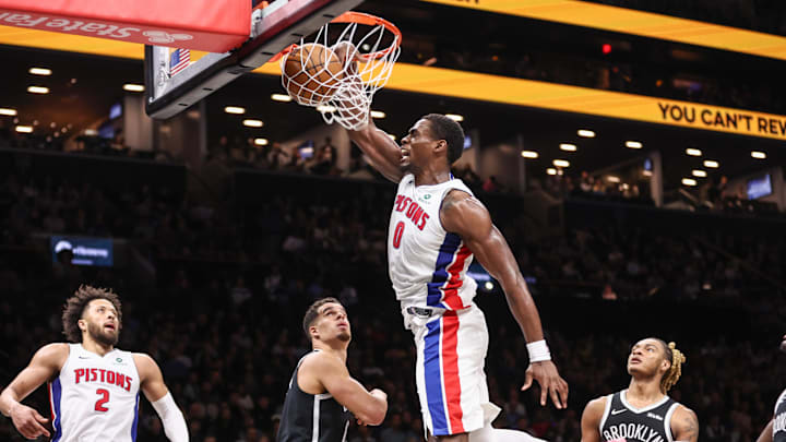 Mar 10, 2026; Brooklyn, New York, USA;  Detroit Pistons center Jalen Duren (0) dunks in the third quarter against the Brooklyn Nets at Barclays Center. Mandatory Credit: Wendell Cruz-Imagn Images
