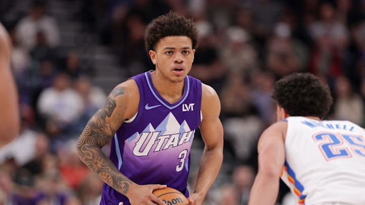 Apr 11, 2025; Salt Lake City, Utah, USA; Utah Jazz guard Keyonte George (3) controls the ball during the second half against the Oklahoma City Thunder at Delta Center. Mandatory Credit: Chris Nicoll-Imagn Images Apr 11, 2025; Salt Lake City, Utah, USA; Utah Jazz guard Keyonte George (3) controls the ball during the second half against the Oklahoma City Thunder at Delta Center. Mandatory Credit: Chris Nicoll-Imagn Images