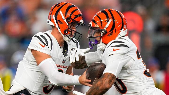 Cincinnati Bengals quarterback Joe Burrow (9) hands off to running back Chase Brown (30) in the first quarter of the NFL Preseason game between the Cincinnati Bengals and the Detroit Lions at Paycor Stadium in Cincinnati on Thursday, Aug. 13, 2026. Cincinnati Bengals quarterback Joe Burrow (9) hands off to running back Chase Brown (30) in the first quarter of the NFL Preseason game between the Cincinnati Bengals and the Detroit Lions at Paycor Stadium in Cincinnati on Thursday, Aug. 13, 2026.