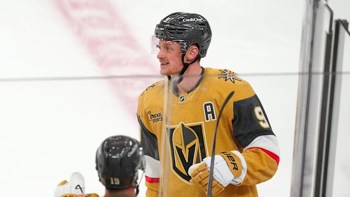 Apr 13, 2026; Las Vegas, Nevada, USA; Vegas Golden Knights center Jack Eichel (9) celebrates after scoring a goal against the Winnipeg Jets during the third period at T-Mobile Arena. Mandatory Credit: Stephen R. Sylvanie-Imagn Images