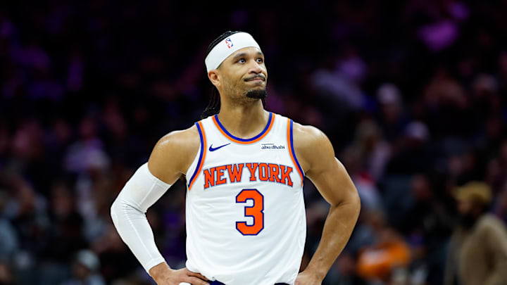 Jan 14, 2026; Sacramento, California, USA; New York Knicks guard Josh Hart (3) reacts after a play during the third quarter against the Sacramento Kings at Golden 1 Center. Mandatory Credit: Sergio Estrada-Imagn Images