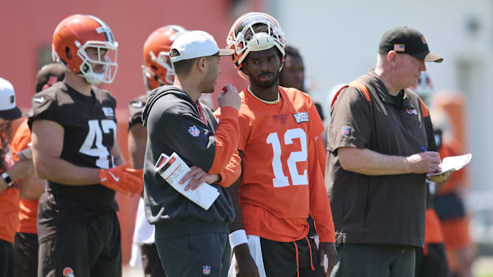 May 10, 2025; Berea, OH, USA; Cleveland Browns quarterback Shedeur Sanders (12) waits his turn for a drill during rookie minicamp at CrossCountry Mortgage Campus. Mandatory Credit: Ken Blaze-Imagn Images
