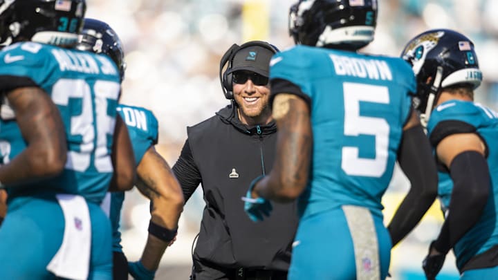 Nov 16, 2025; Jacksonville, Florida, USA; Jacksonville Jaguars head coach Liam Coen reacts following a touchdown against the Los Angeles Chargers during the third quarter at EverBank Stadium. Mandatory Credit: Morgan Tencza-Imagn Images