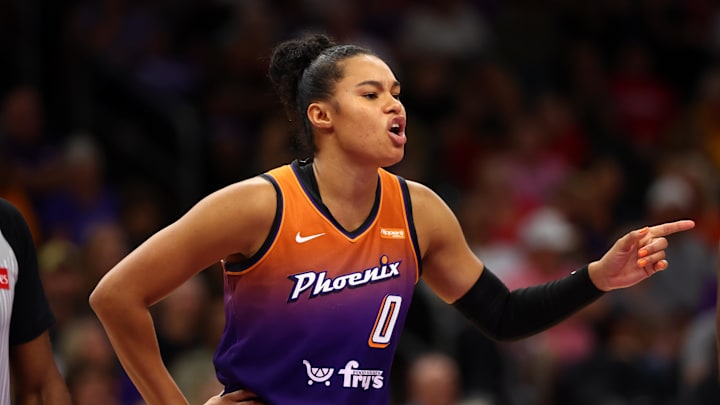 Aug 7, 2025; Phoenix, Arizona, USA; Phoenix Mercury forward Satou Sabally (0) reacts against the Indiana Fever during WNBA game at PHX Arena. Mandatory Credit: Mark J. Rebilas-Imagn Images