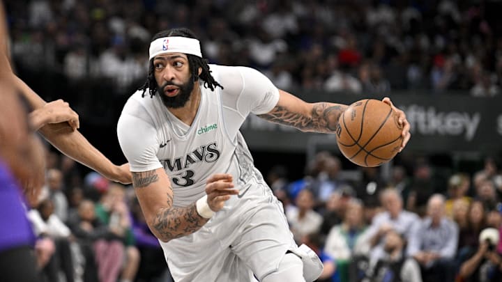 Apr 11, 2025; Dallas, Texas, USA; Dallas Mavericks forward Anthony Davis (3) drives to the basket against the Toronto Raptors during the second half at the American Airlines Center. Mandatory Credit: Jerome Miron-Imagn Images