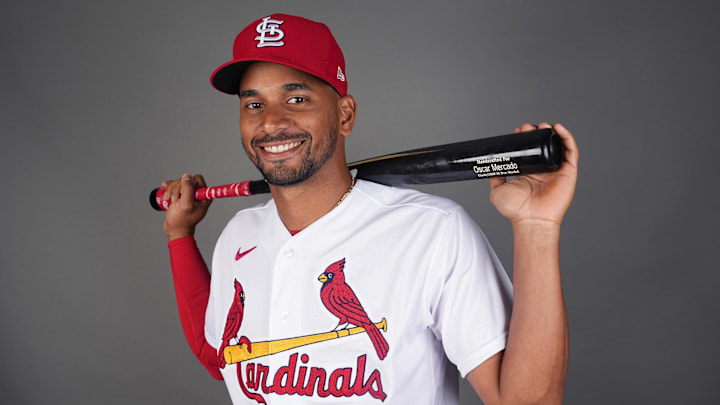 Feb 23, 2023; Jupiter, FL, USA; St. Louis Cardinals outfielder Oscar Mercado (54) poses for a portrait during spring training photo day. Mandatory Credit: Jim Rassol-Imagn Images Feb 23, 2023; Jupiter, FL, USA; St. Louis Cardinals outfielder Oscar Mercado (54) poses for a portrait during spring training photo day. Mandatory Credit: Jim Rassol-Imagn Images