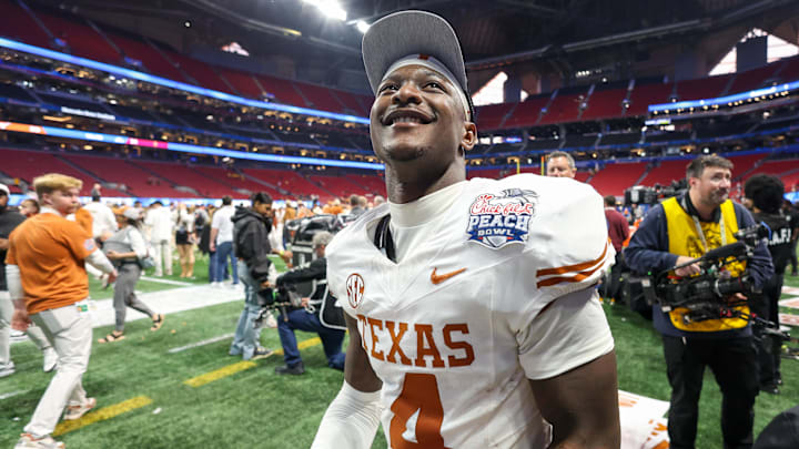 Jan 1, 2025; Atlanta, GA, USA; Texas Longhorns defensive back Andrew Mukuba (4) celebrates after a victory over the Arizona State Sun Devils in the Peach Bowl at Mercedes-Benz Stadium. Mandatory Credit: Brett Davis-Imagn Images