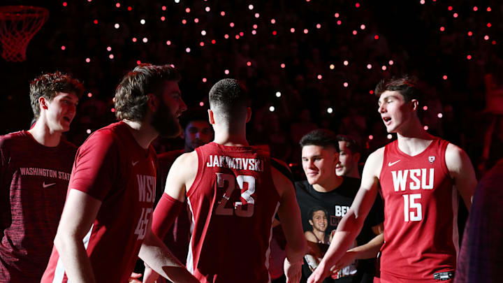 Mar 7, 2024; Pullman, Washington, USA; Washington State Cougars forward Andrej Jakimovski (23) is introduced before a game against the Washington Huskies at Friel Court at Beasley Coliseum. Mandatory Credit: James Snook-Imagn Images