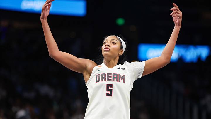 Oct 4, 2026; Atlanta, Georgia, USA; Atlanta Dream forward Angel Reese (5) reacts after a basket against the New York Liberty in the third quarter during game one of the second round for the 2026 WNBA Playoffs at State Farm Arena. Mandatory Credit: Brett Davis-Imagn Images Oct 4, 2026; Atlanta, Georgia, USA; Atlanta Dream forward Angel Reese (5) reacts after a basket against the New York Liberty in the third quarter during game one of the second round for the 2026 WNBA Playoffs at State Farm Arena. Mandatory Credit: Brett Davis-Imagn Images