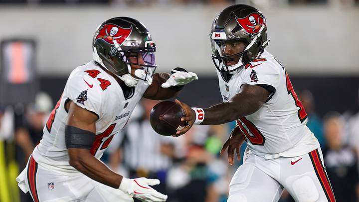 Aug 28, 2026; Jacksonville, Florida, USA; Tampa Bay Buccaneers quarterback Jalon Daniels (10) hands off to running back Sean Tucker (44) against the Jacksonville Jaguars in the second quarter during preseason at EverBank Stadium. Mandatory Credit: Nathan Ray Seebeck-Imagn Images Aug 28, 2026; Jacksonville, Florida, USA; Tampa Bay Buccaneers quarterback Jalon Daniels (10) hands off to running back Sean Tucker (44) against the Jacksonville Jaguars in the second quarter during preseason at EverBank Stadium. Mandatory Credit: Nathan Ray Seebeck-Imagn Images