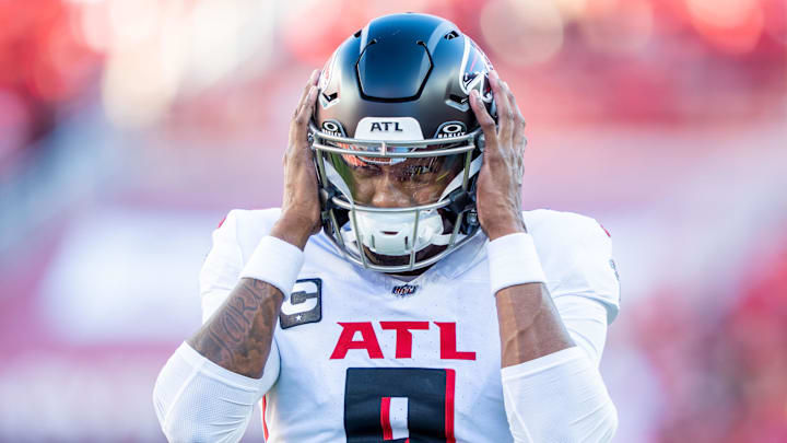 October 19, 2025; Santa Clara, California, USA; Atlanta Falcons quarterback Michael Penix Jr. (9) warms up before the game against the San Francisco 49ers at Levi's Stadium. Mandatory Credit: Kyle Terada-Imagn Images