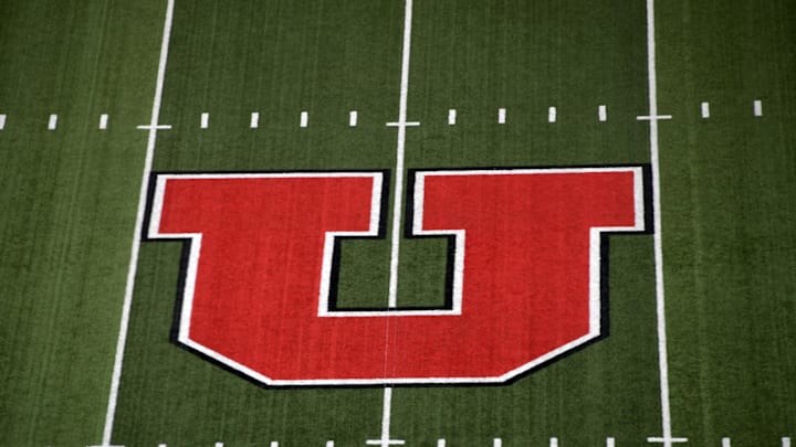 Sep 23, 2016; Salt Lake City, UT, USA; General view of the Utah Utes logo at midfield before the game against the USC Trojans at Rice-Eccles Stadium. Mandatory Credit: Kirby Lee-USA TODAY Sports