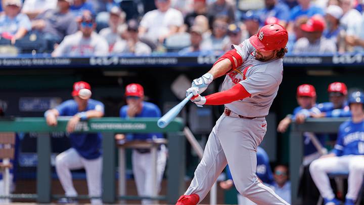 Jun 21, 2026; Kansas City, Missouri, USA; St. Louis Cardinals first baseman Alec Burleson (41) hits a triple during the second inning against the Kansas City Royals at Kauffman Stadium. Mandatory Credit: William Purnell-Imagn Images Jun 21, 2026; Kansas City, Missouri, USA; St. Louis Cardinals first baseman Alec Burleson (41) hits a triple during the second inning against the Kansas City Royals at Kauffman Stadium. Mandatory Credit: William Purnell-Imagn Images