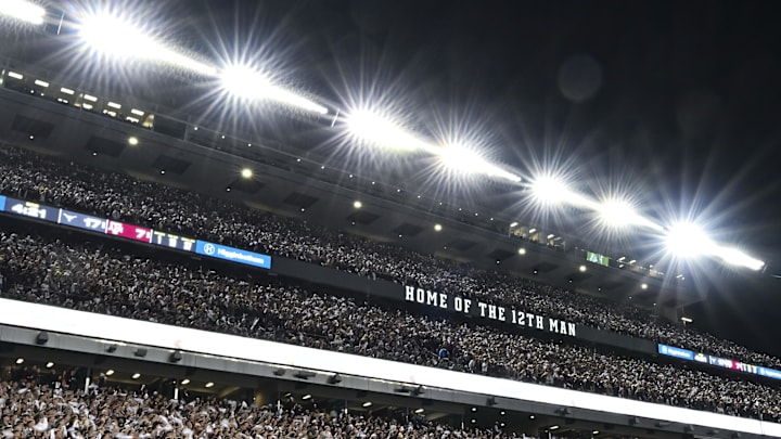 Nov 30, 2024; College Station, Texas, USA; A general view of the student section during the game between the Texas A&M Aggies and the Texas Longhorns. The Longhorns defeated the Aggies 17-7. at Kyle Field. Mandatory Credit: Maria Lysaker-Imagn Images 