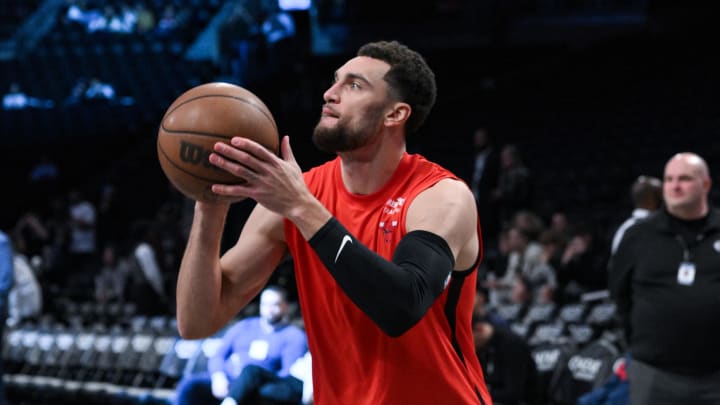 Nov 26, 2023; Brooklyn, New York, USA; Chicago Bulls guard Zach LaVine (8) warms up before a game against the Brooklyn Nets at Barclays Center. Mandatory Credit: John Jones-USA TODAY Sports Nov 26, 2023; Brooklyn, New York, USA; Chicago Bulls guard Zach LaVine (8) warms up before a game against the Brooklyn Nets at Barclays Center. Mandatory Credit: John Jones-USA TODAY Sports