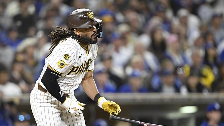 May 18, 2026; San Diego, California, USA; San Diego Padres second baseman Fernando Tatis Jr. (23) hits a single during the eighth inning against the Los Angeles Dodgers at Petco Park. Mandatory Credit: Denis Poroy-Imagn Images May 18, 2026; San Diego, California, USA; San Diego Padres second baseman Fernando Tatis Jr. (23) hits a single during the eighth inning against the Los Angeles Dodgers at Petco Park. Mandatory Credit: Denis Poroy-Imagn Images