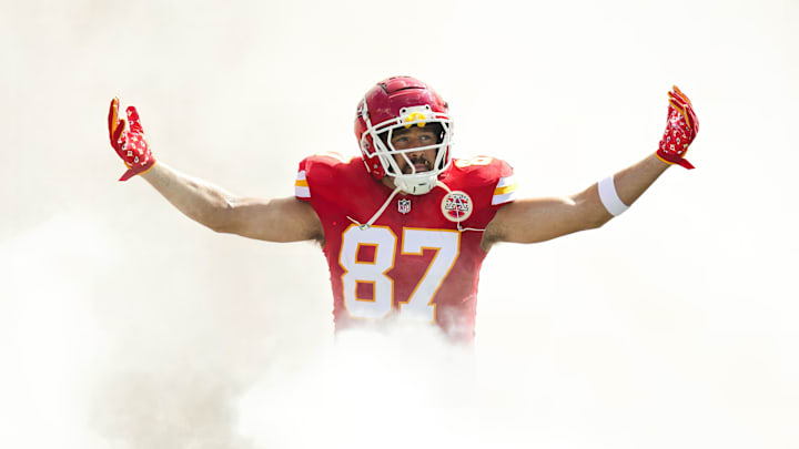 Sep 15, 2024; Kansas City, Missouri, USA; Kansas City Chiefs tight end Travis Kelce (87) takes the field prior to a game against the Cincinnati Bengals at GEHA Field at Arrowhead Stadium. Mandatory Credit: Jay Biggerstaff-Imagn Images