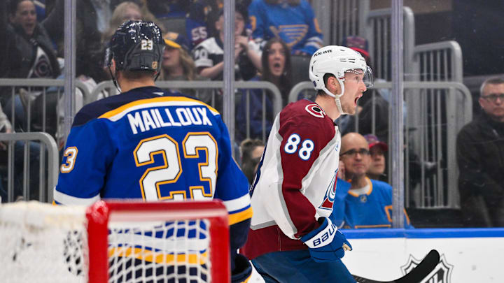 Apr 7, 2026; St. Louis, Missouri, USA; Colorado Avalanche center Martin Necas (88) reacts after scoring against the St. Louis Blues during the first period at Enterprise Center. Mandatory Credit: Jeff Curry-Imagn Images