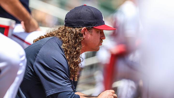 Jun 17, 2026; Cumberland, Georgia, USA; Atlanta Braves pitcher Grant Holmes (66) in the dugout during the game against the San Francisco Giants during the fifth inning at Truist Park. Mandatory Credit: Jordan Godfree-Imagn Images