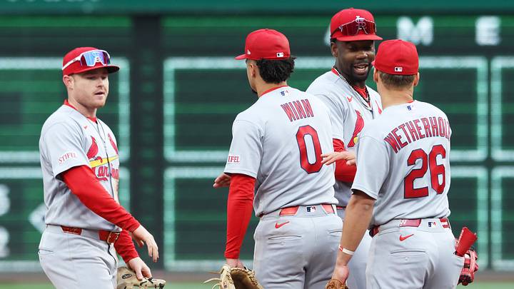 Apr 30, 2026; Pittsburgh, Pennsylvania, USA; St. Louis Cardinals left fielder Nathan Church (left), shortstop Masyn Winn (0), right fielder Jordan Walker (18), and second baseman JJ Wetherholt (26) celebrate after defeating the Pittsburgh Pirates at PNC Park. Mandatory Credit: Charles LeClaire-Imagn Images Apr 30, 2026; Pittsburgh, Pennsylvania, USA; St. Louis Cardinals left fielder Nathan Church (left), shortstop Masyn Winn (0), right fielder Jordan Walker (18), and second baseman JJ Wetherholt (26) celebrate after defeating the Pittsburgh Pirates at PNC Park. Mandatory Credit: Charles LeClaire-Imagn Images