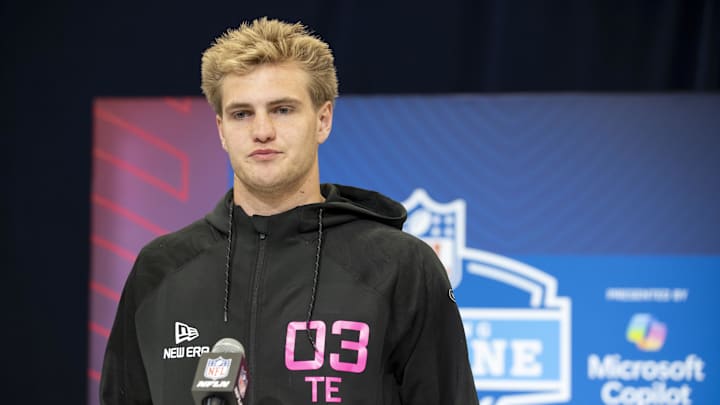 Clemson tight end Jake Briningstool during the NFL Combine at Lucas Oil Stadium. Mandatory Credit: Tanner Pearson-Imagn Images