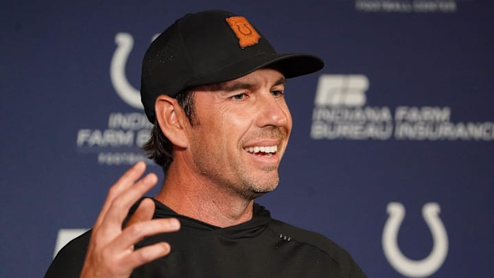 Indianapolis Colts head coach Shane Steichen talks to press Tuesday, June 10, 2025, during NFL Colts mandatory mini camp at the Indiana Farm Bureau Football Center in Indianapolis.