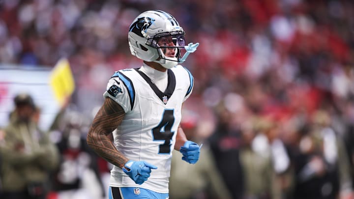 Nov 16, 2025; Atlanta, Georgia, USA; Carolina Panthers wide receiver Tetairoa McMillan (4) looks on during the second quarter against the Atlanta Falcons at Mercedes-Benz Stadium. Mandatory Credit: Brett Davis-Imagn Images