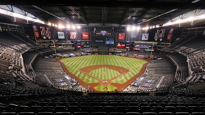 Jul 31, 2020; Phoenix, Arizona, USA; Overall view of the empty seats in the grandstands of the stadium during the Arizona Diamondbacks game against the Los Angeles Dodgers at Chase Field. Mandatory Credit: Mark J. Rebilas-Imagn Images