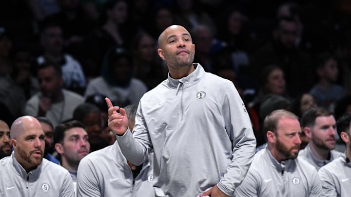 Mar 15, 2025; Brooklyn, New York, USA; Brooklyn Nets head coach Jordi Fernandez during the first half against the Boston Celtics at Barclays Center. Mandatory Credit: John Jones-Imagn Images