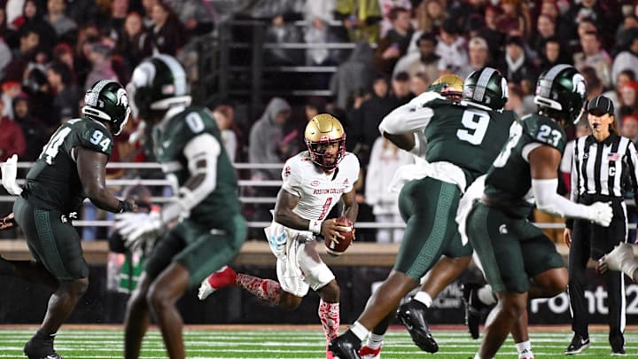 Sep 21, 2024; Chestnut Hill, Massachusetts, USA; Boston College Eagles quarterback Thomas Castellanos (1) scrambles out of the pocket during the first half against the Michigan State Spartans at Alumni Stadium. Mandatory Credit: Eric Canha-Imagn Images