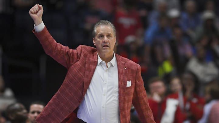 Mar 14, 2026; Nashville, TN, USA;  Arkansas Razorbacks head coach John Calipari calls the play to his team against the Mississippi Rebels during the second half at Bridgestone Arena. Mandatory Credit: Steve Roberts-Imagn Images