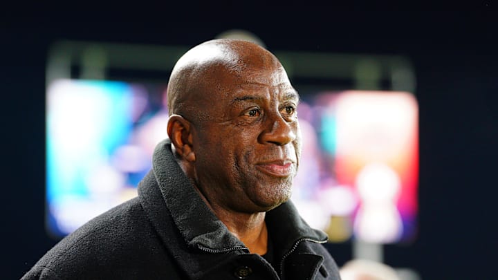 Nov 23, 2024; Kansas City, Missouri, USA; Magic Johnson attends the 2024 NWSL Championship match at CPKC Stadium. Mandatory Credit: Denny Medley-Imagn Images