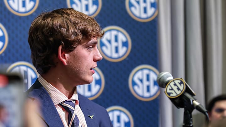 Jul 15, 2025; Atlanta, GA, USA; Texas Longhorns quarterback Arch Manning answers questions from the media during SEC Media Days at Omni Atlanta Hotel. Mandatory Credit: Jordan Godfree-Imagn Images