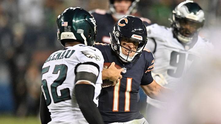 Sep 28, 2026; Chicago, Illinois, USA; Chicago Bears quarterback Case Keenum (11) runs against Philadelphia Eagles linebacker Jonathan Greenard (52) during the second half at Soldier Field. Sep 28, 2026; Chicago, Illinois, USA; Chicago Bears quarterback Case Keenum (11) runs against Philadelphia Eagles linebacker Jonathan Greenard (52) during the second half at Soldier Field.