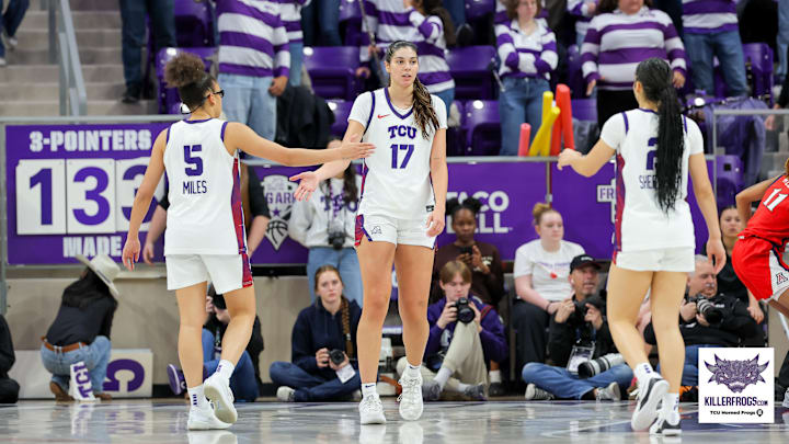 TCU Horned Frogs players Olivia Miles (No. 5), Clara Silva (No. 17) and Veronica Sheffey high-five during the team's 78-62 win over the Arizona Wildcats on Jan. 17, 2026 at Schollmaier Arena in Fort Worth, Texas.