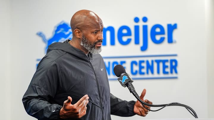 Detroit Lions Executive Vice President & General Manager Brad Holmes speaks to the press about their season, how it ended and what’s next at the Detroit Lions headquarters and training facility in Allen Park, Mich., Thursday, Jan. 23, 2025.